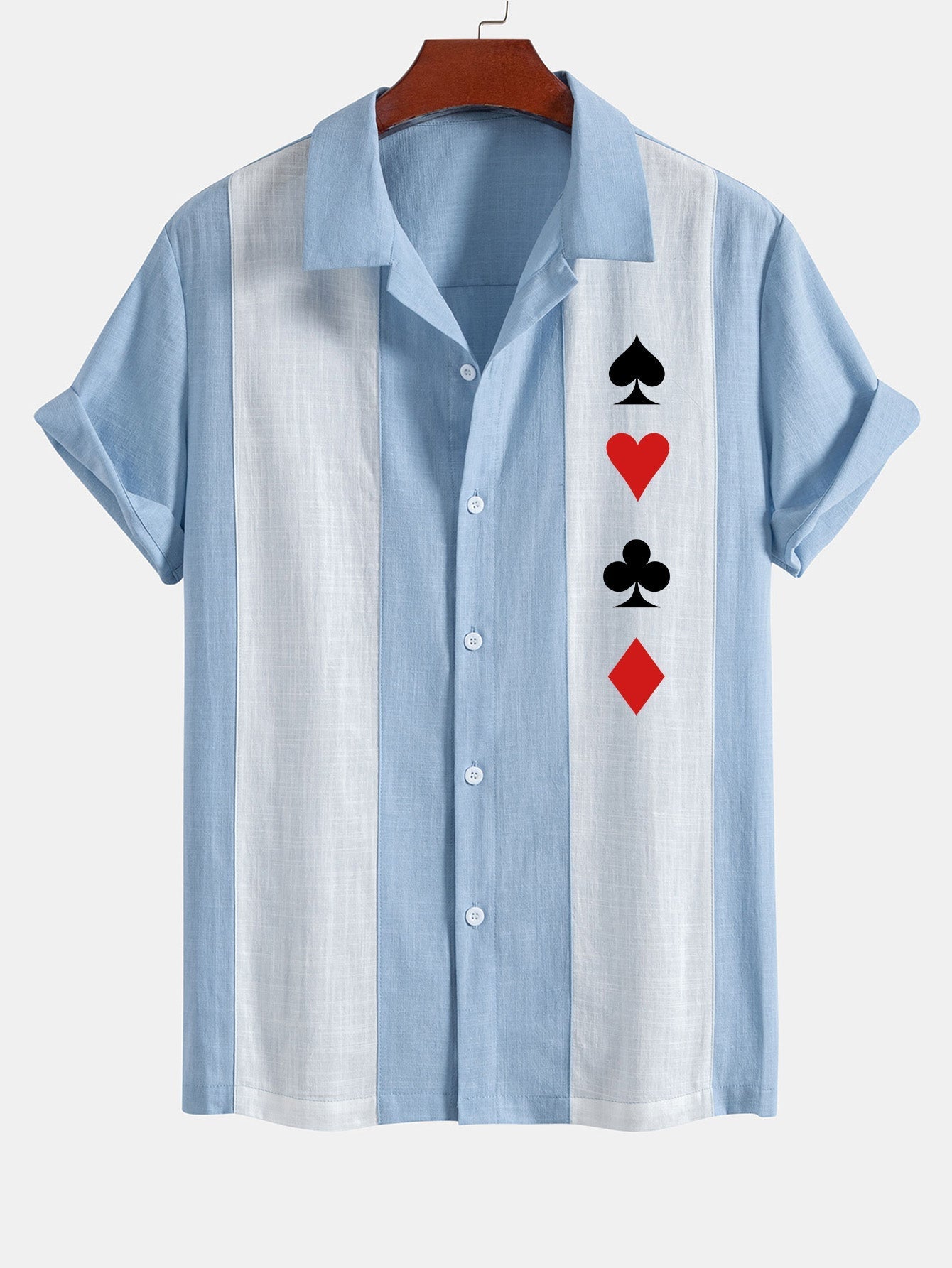 Laudelino® | Poker Print Linen Look Patchwork Bowling Shirt