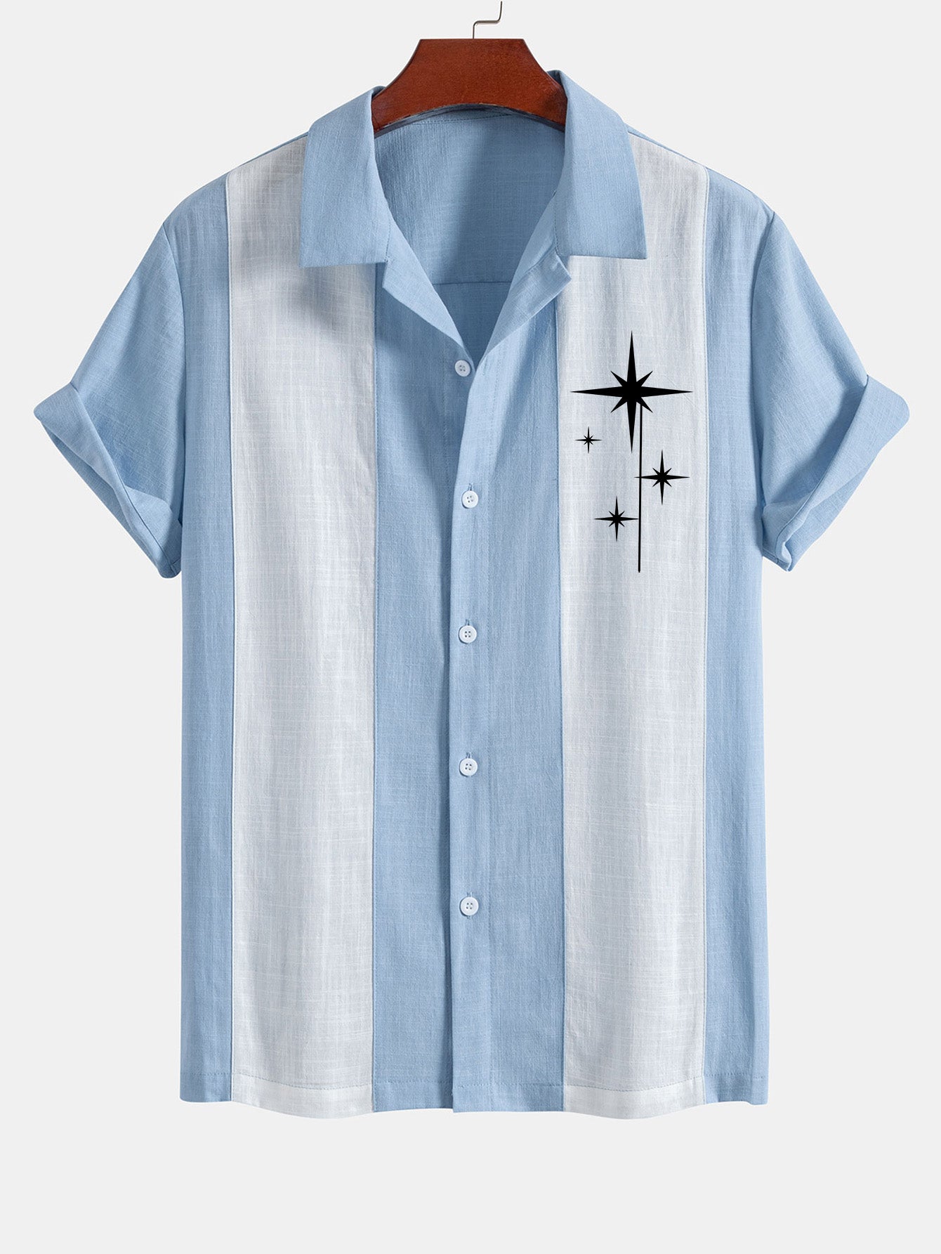 Amelius® | Mid Century Starbursts Print Linen Look Patchwork Bowling Shirt