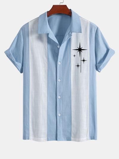 Amelius® | Mid Century Starbursts Print Linen Look Patchwork Bowling Shirt