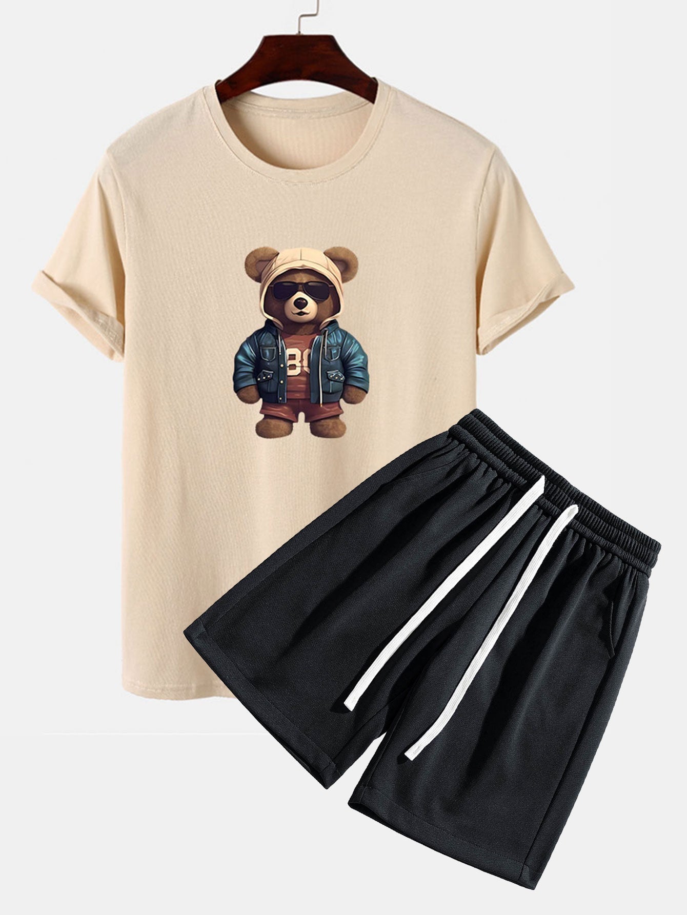 Adriano® | Bear In Leather Jacket Print T-Shirt & Textured Shorts