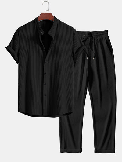 Francis® | Muscle Fit Ribbed Stand Collar Shirt & Straight Leg Ribbed Pants