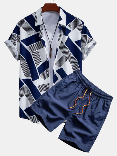 Dan® | Color Block Geometry Print Button Up Shirt & Swim Shorts