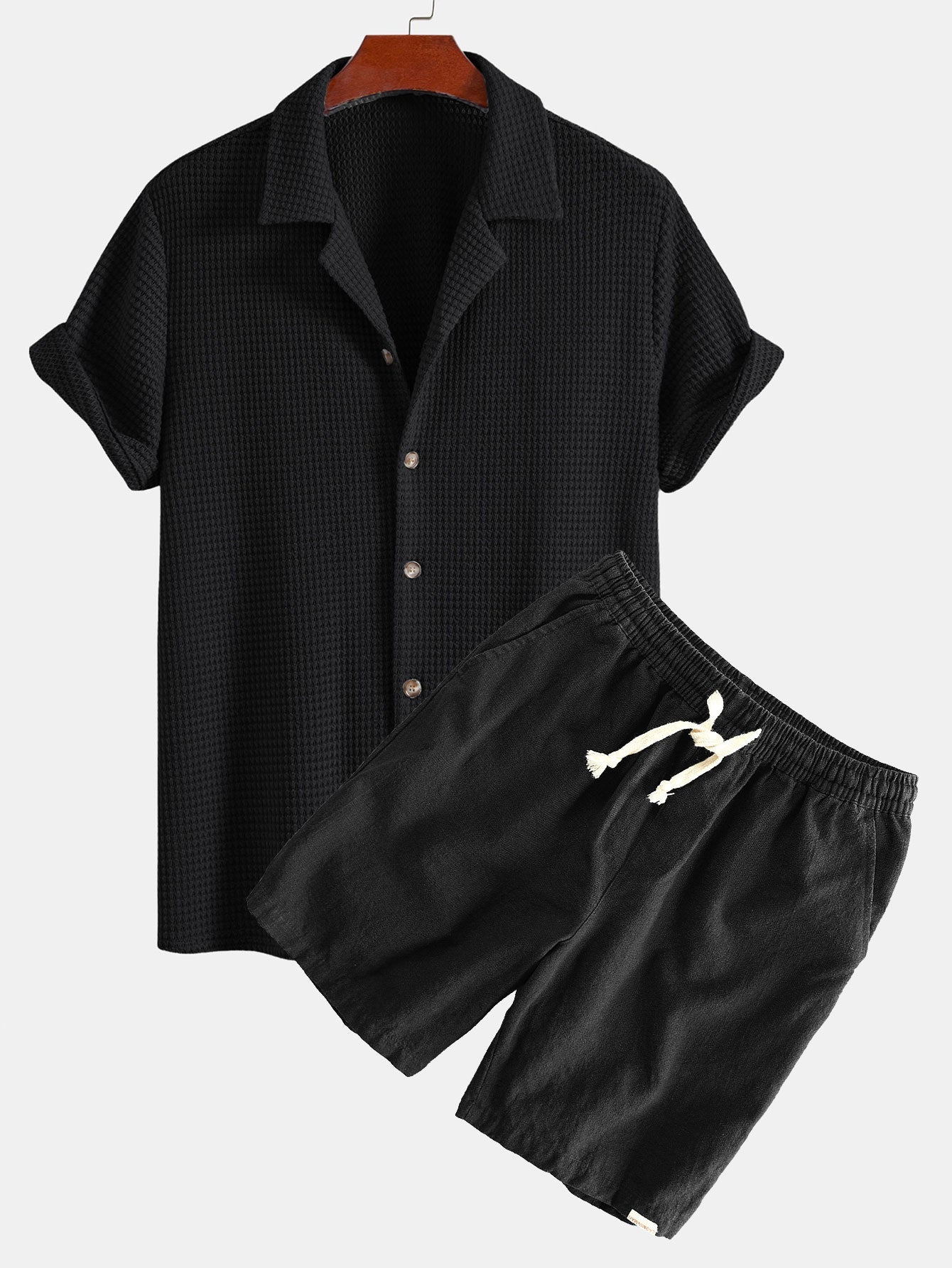 Ian® | Textured Cuban Shirt & Linen Cotton Blend Drawstring Shorts
