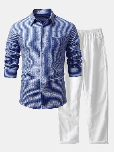 Ignacio® | Seersucker Striped Button Up Shirt & Straight Leg Linen Pants