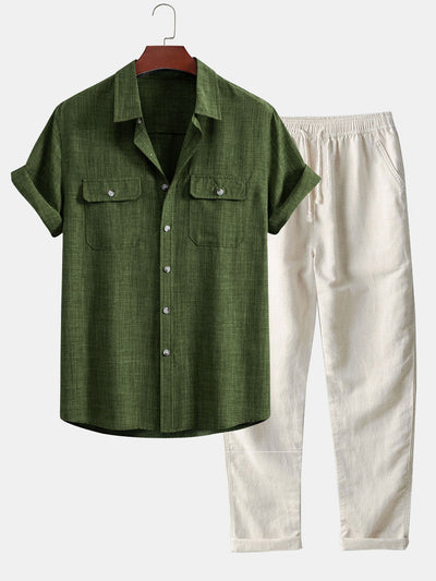 Harry® | Textured Button Up Shirt With Two Pockets & Straight Leg Linen Pants