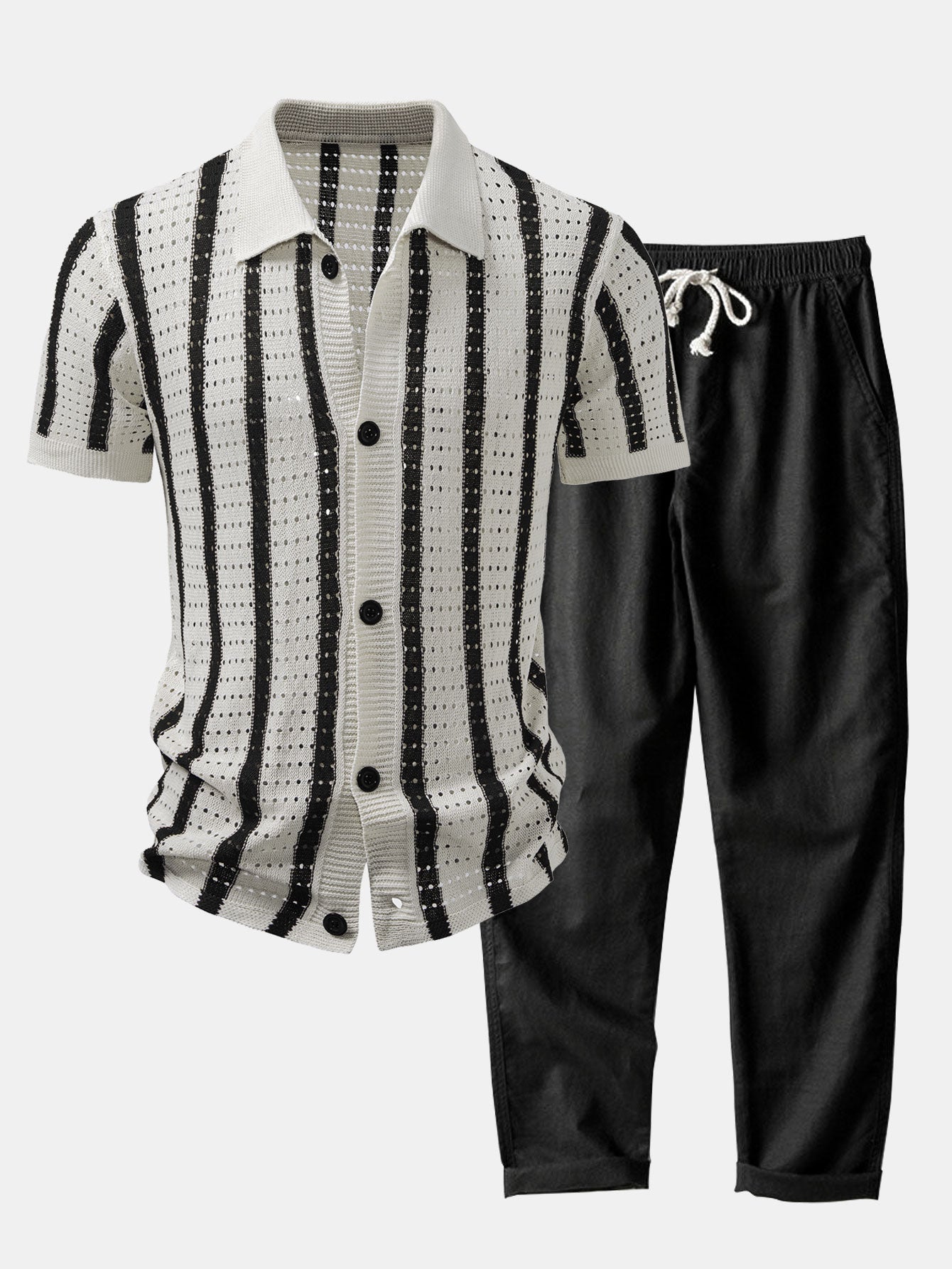 hola Striped shirt with knitted eyelets & straight leg linen trousers
