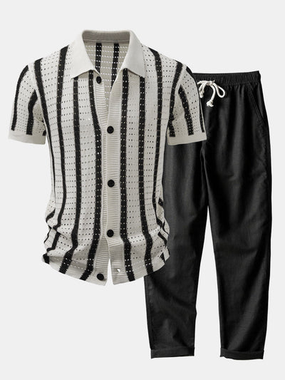 hola Striped shirt with knitted eyelets & straight leg linen trousers