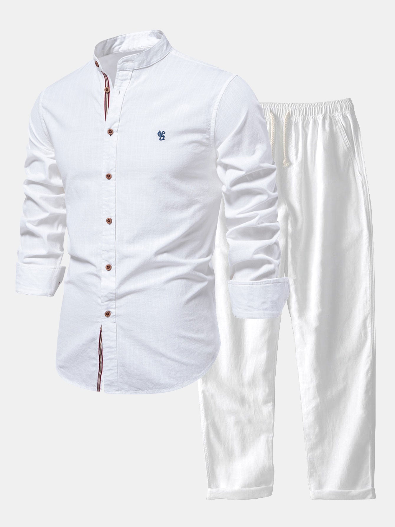 Florentino® | Long Sleeve Linen Look Stand Collar Shirt & Straight Leg Linen Pants