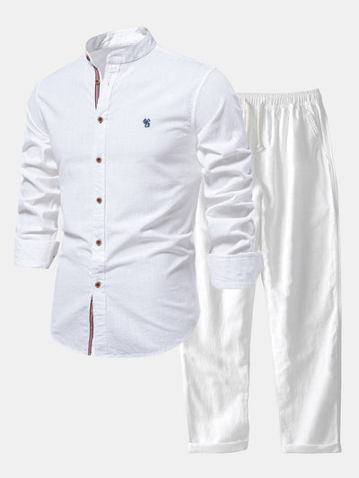 Florentino® | Long Sleeve Linen Look Stand Collar Shirt & Straight Leg Linen Pants