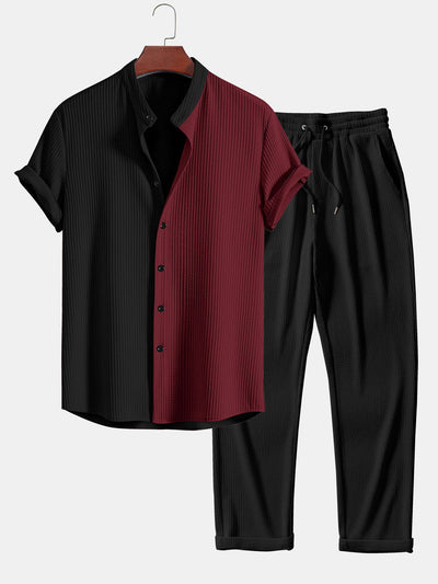 Truman® | Two Tone Muscle Fit Ribbed Stand Collar Shirt & Straight Leg Ribbed Pants
