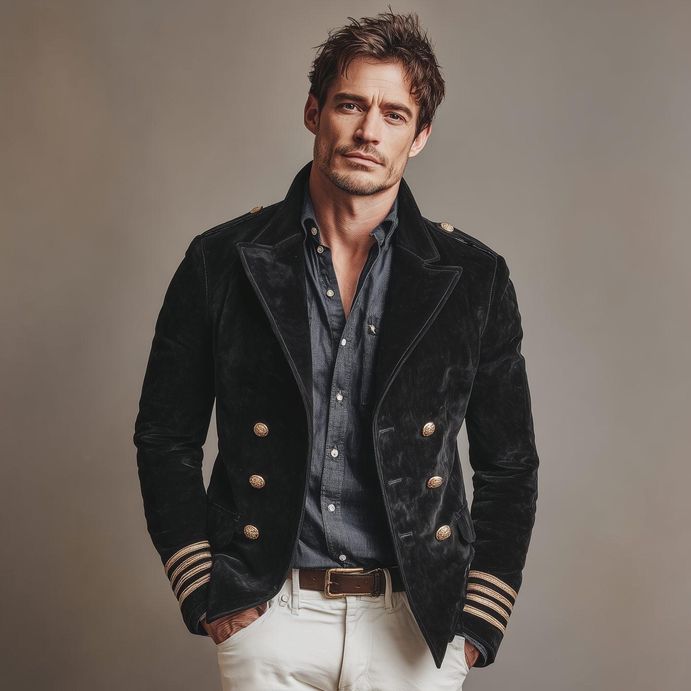 Men's Classic Retro Lapel Doble-breasted Epalette Fax Velvet Jacket