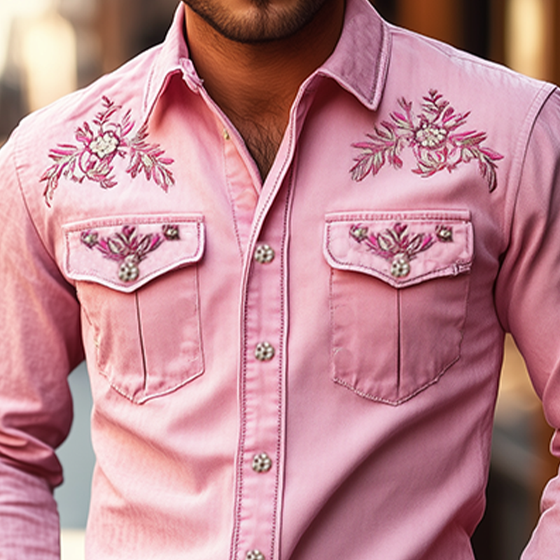 Men's American Retro Western Style Cotn Blend Embroidered Long Sleeve Shirt