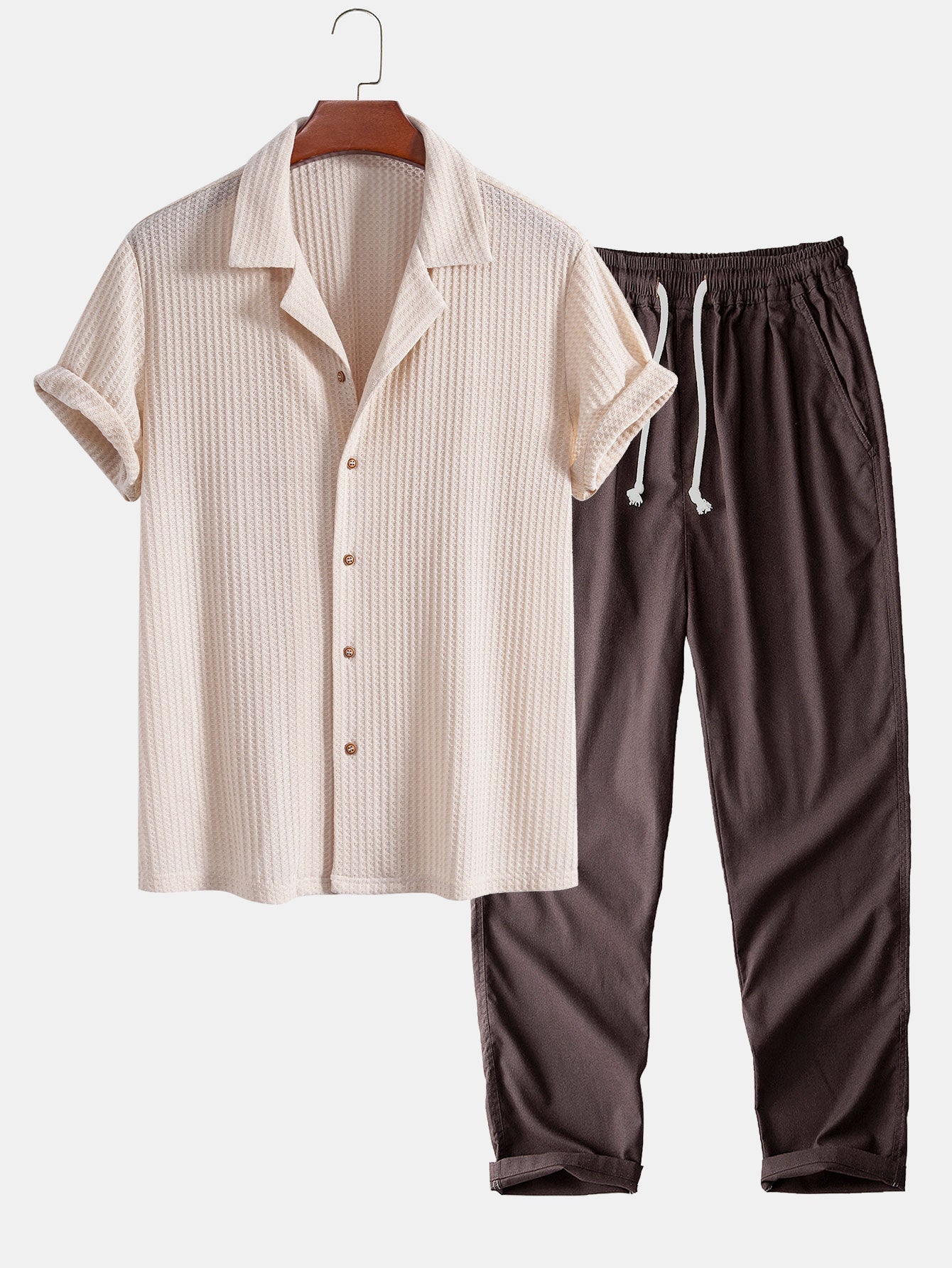 Adlai® | Short Sleeve Knitted Waffle Cuban Shirt & Straight Leg Linen Pants