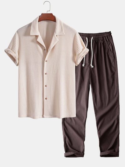 Adlai® | Short Sleeve Knitted Waffle Cuban Shirt & Straight Leg Linen Pants