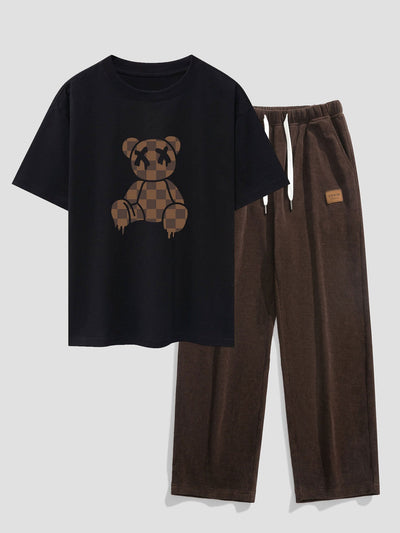 Nestor® | Checkerboard Dissolving Bear Drop Shoulder Oversize T-Shirt & Straight Leg Corduroy Pants