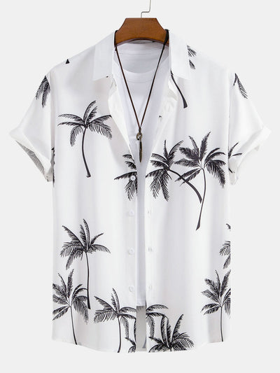Admon® | Palm Tree Print Button Up Shirt & Stripe Print Swim Shorts