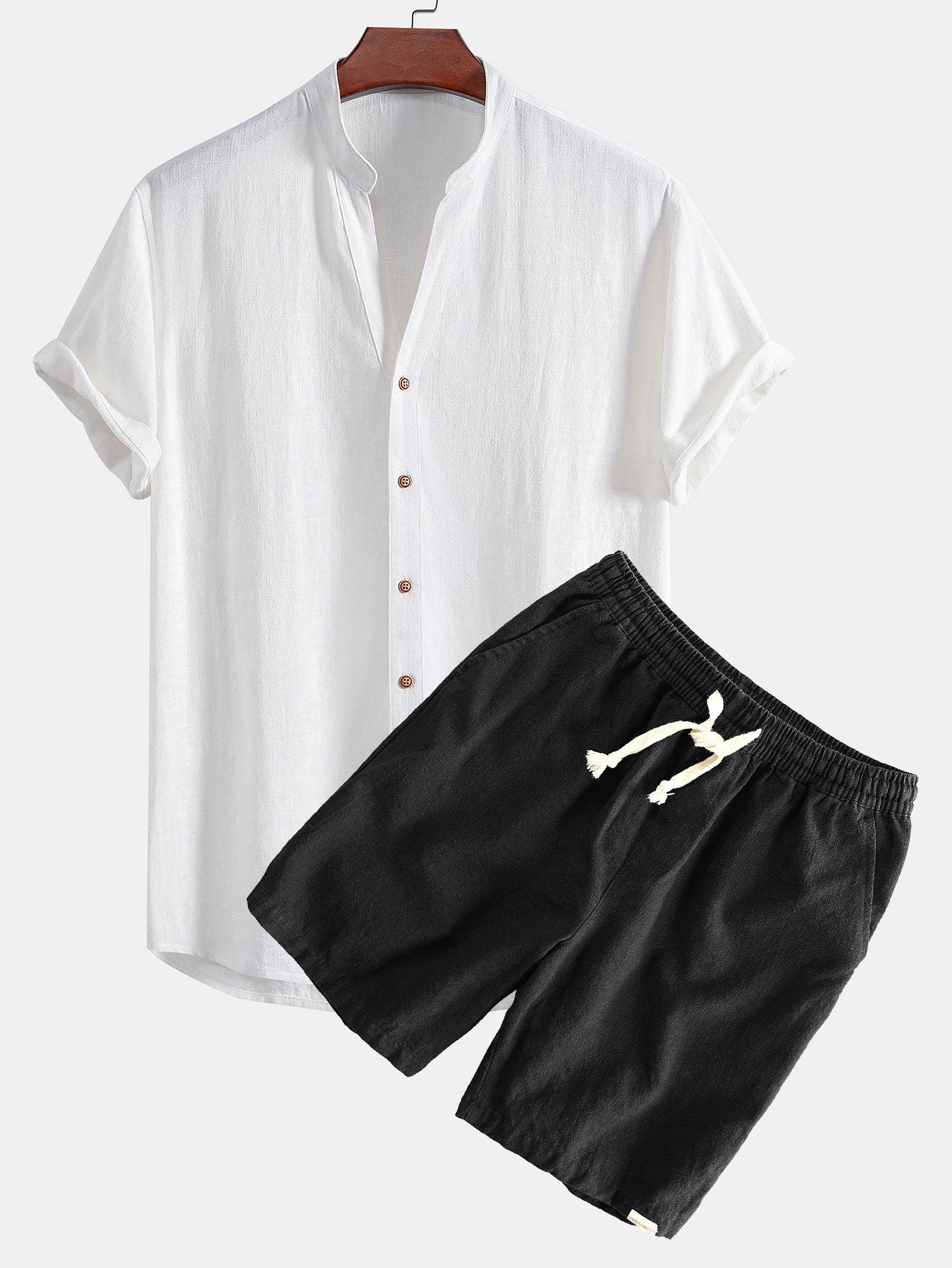 Gualterio® | Short Sleeve V Neck Linen Rayon Blend Shirt & Linen Cotton Blend Drawstring Shorts