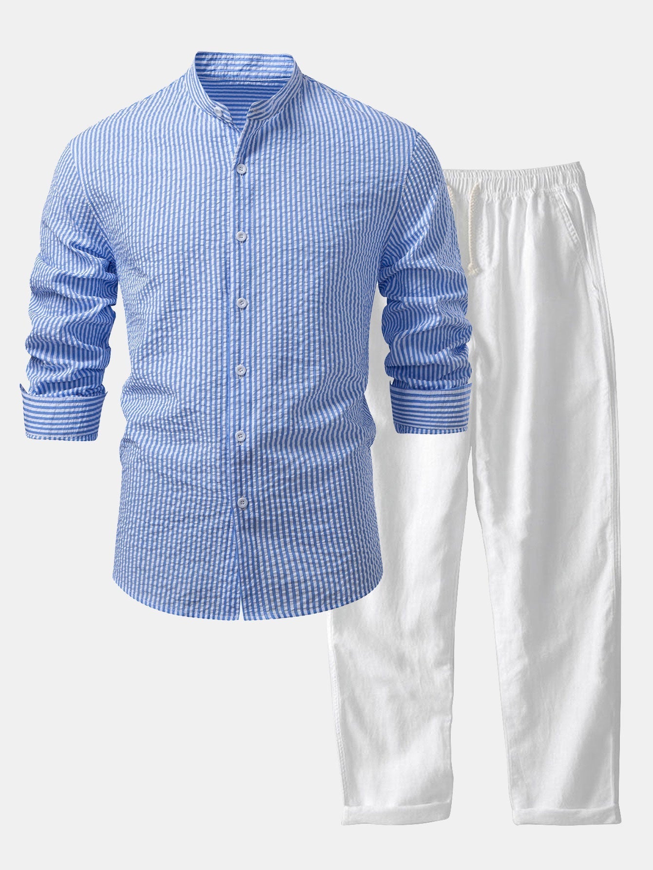 Iker® | Seersucker Striped Stand Collar Shirt & Straight Leg Linen Pants