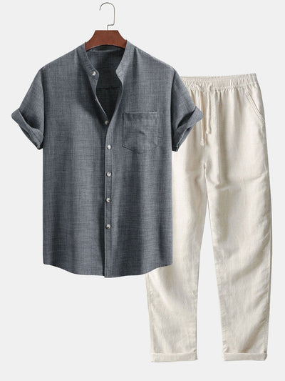 Adham® | Short Sleeve Stand Collar Shirt & Straight Leg Linen Pants