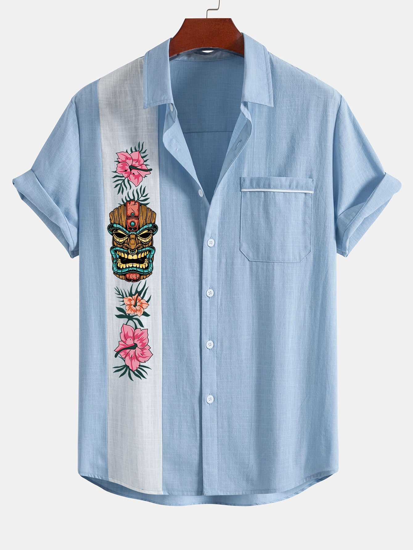 Ivan® | Tiki Tribe Hawaii Print Linen Look Contrast Button Up Shirt