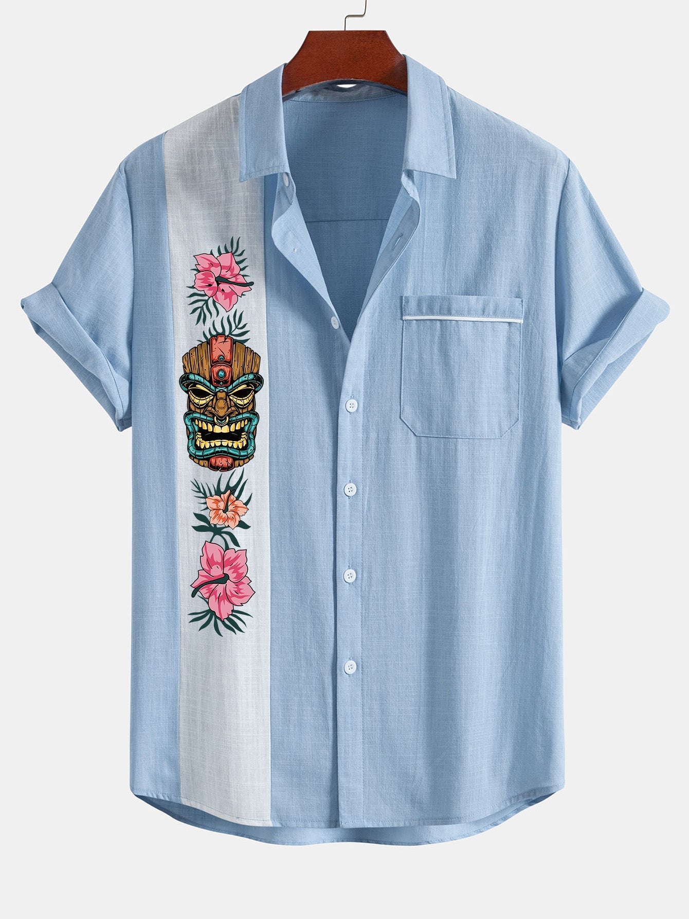 Lázaro® | Tiki Tribe Hawaii Print Linen Look Contrast Button Up Shirt