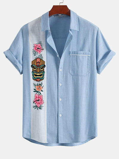 Arnuadt® | Tiki Tribe Hawaii Print Linen Look Contrast Button Up Shirt