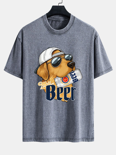 Jano® | Beer Dog Print Washed Distressed Drop Shoulder T-Shirt