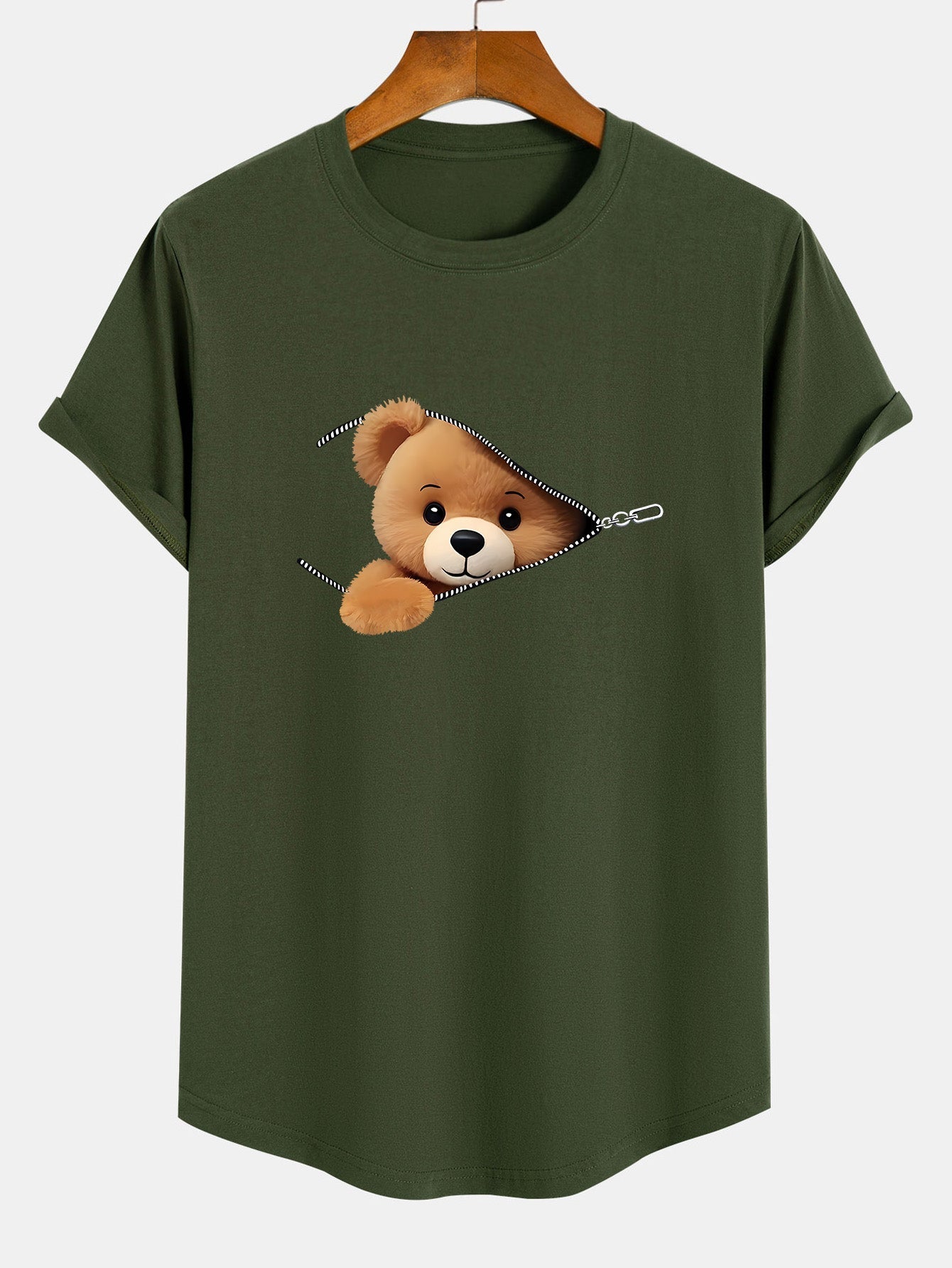Gustavo® | Zipper Bear Print Cotton Arc Hem T-Shirt