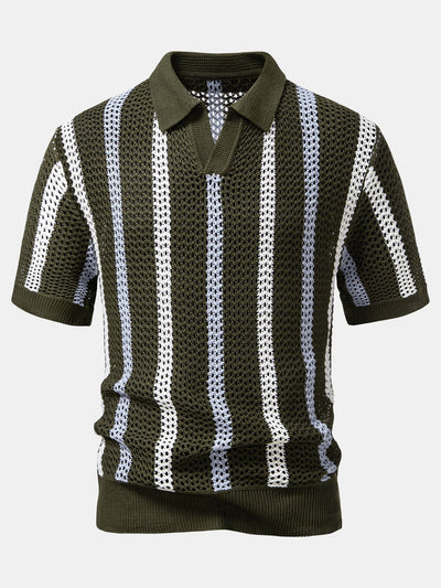 hola Crochet Striped V-Neck Polo Shirt