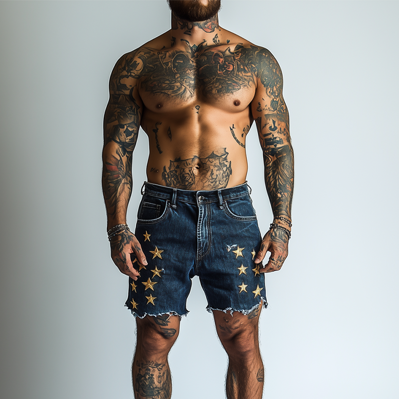 Noel | Men'S Star Embroidered Denim Shorts