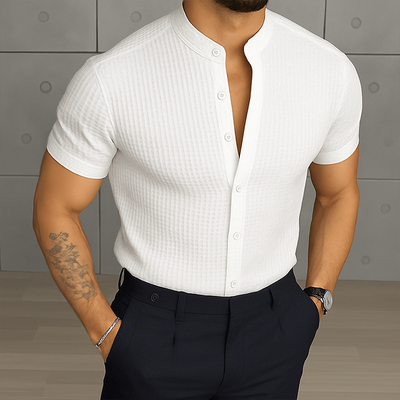 Harvey | Men'S Retro Casual Solid Color Waffle Stand Collar Short Sleeve Shirt