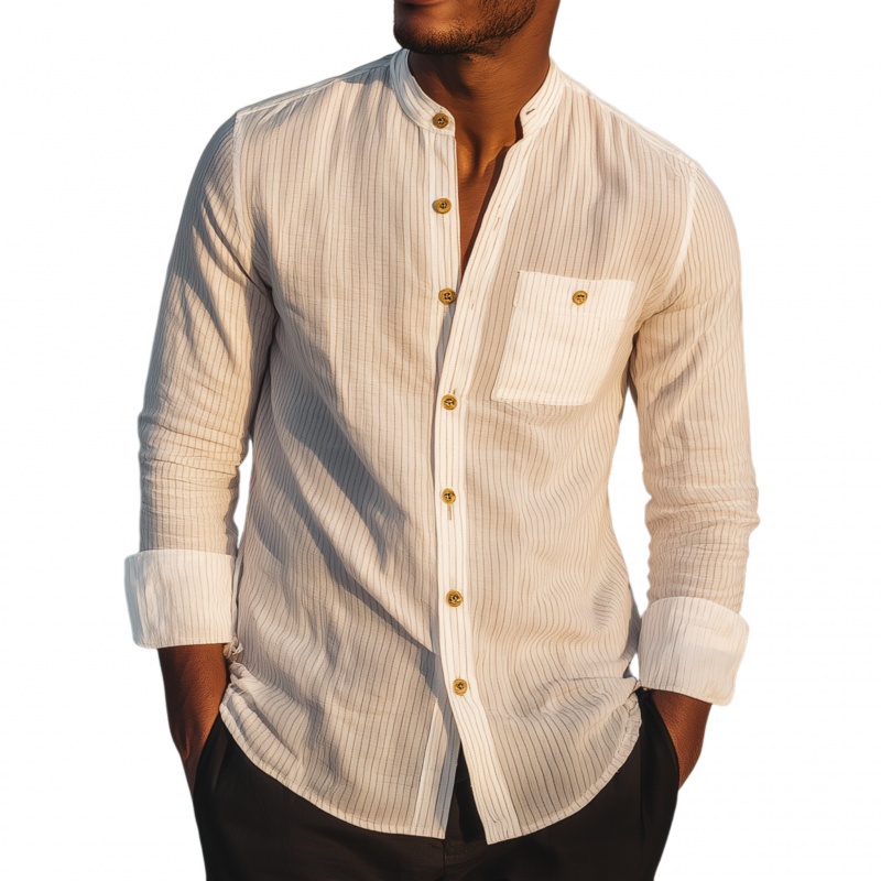 Shane | Men'S Casual Breathable Cotton Striped Stand Collar Patch Pocket Slim Fit Long Sleeve Shirt