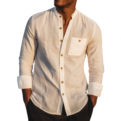Shane | Men'S Casual Breathable Cotton Striped Stand Collar Patch Pocket Slim Fit Long Sleeve Shirt