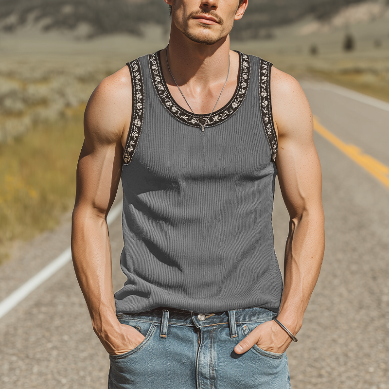 Burt | Men'S Spring And Summer Fashion Casual Striped Texture Fabric Embroidery U-Neck Slim Tank Top