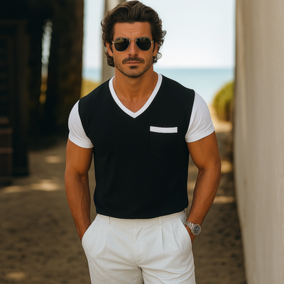 Carl | Men'S Casual Breathable Cotton Colorblock V-Neck Patch Pocket Slim Fit Short-Sleeved T-Shirt