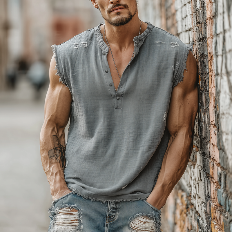 Leo | Men'S Summer Casual Tough Style Henley Collar Cotton Blended Raw Edge Ripped Tank Top