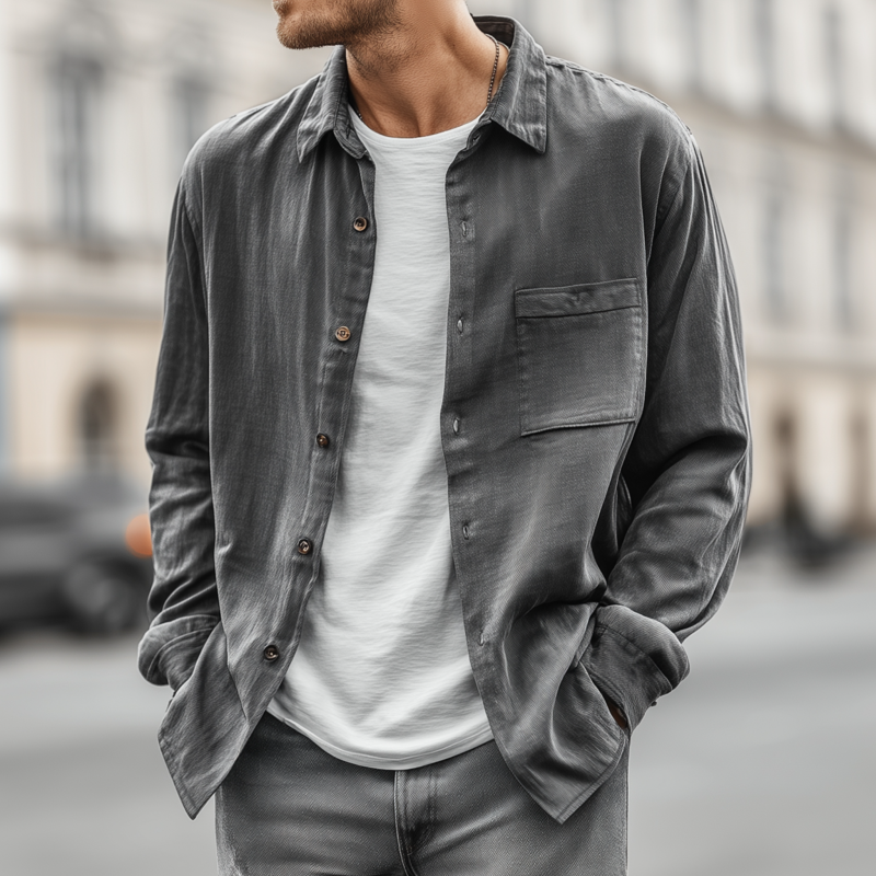 Albert | Men'S Casual Solid Color Breathable Tencel Blended Lapel Patch Pocket Loose Long Sleeve Shirt