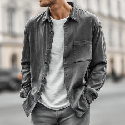 Albert | Men'S Casual Solid Color Breathable Tencel Blended Lapel Patch Pocket Loose Long Sleeve Shirt