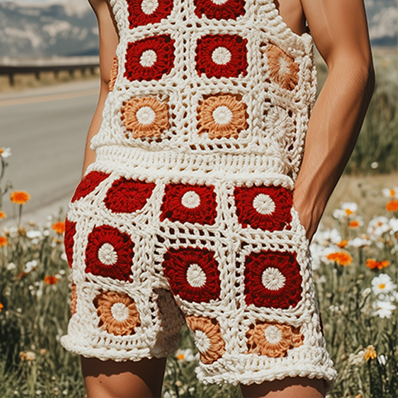 Lewis | Men'S Summer Fashion Casual Hollow Crochet Flower Knitted Vest Elastic Waist Shorts Set