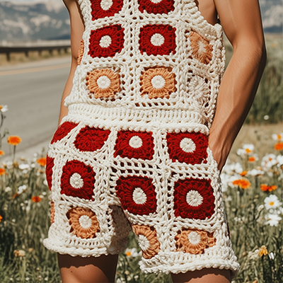 Lewis | Men'S Summer Fashion Casual Hollow Crochet Flower Knitted Vest Elastic Waist Shorts Set