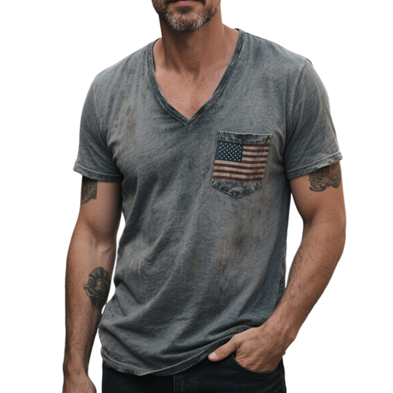 Graham | Men'S Retro Casual Flag Print V-Neck Short Sleeve T-Shirt