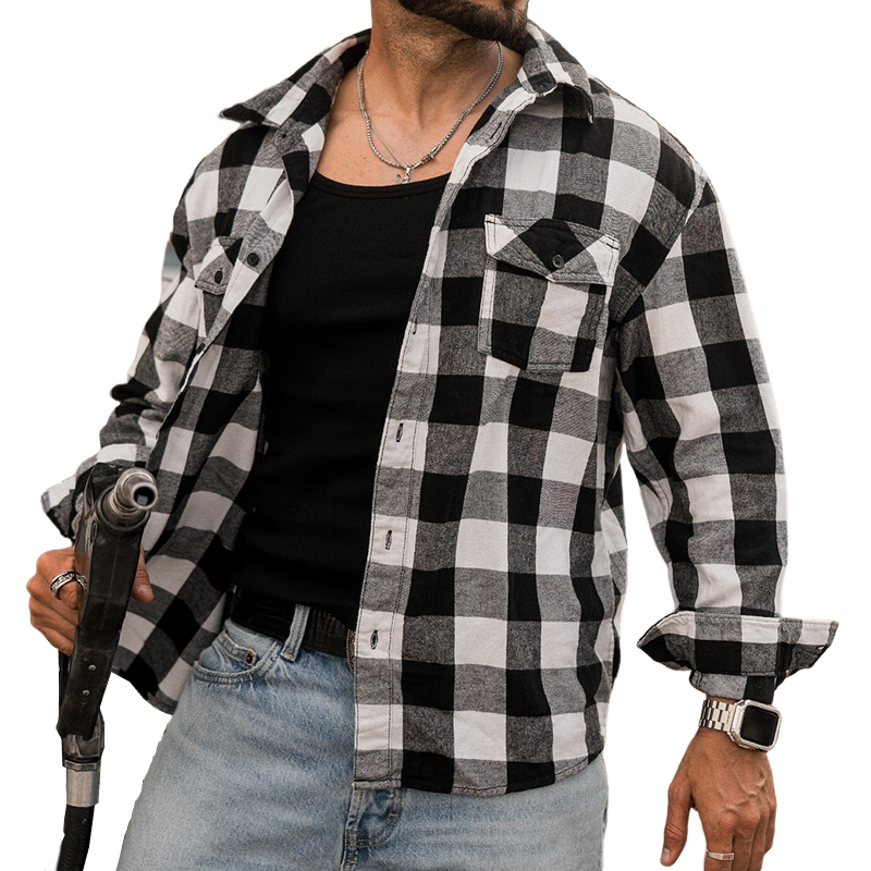 Blake | Men'S Retro Casual Handsome Plaid Motorcycle Style Lapel Long Sleeve Shirt