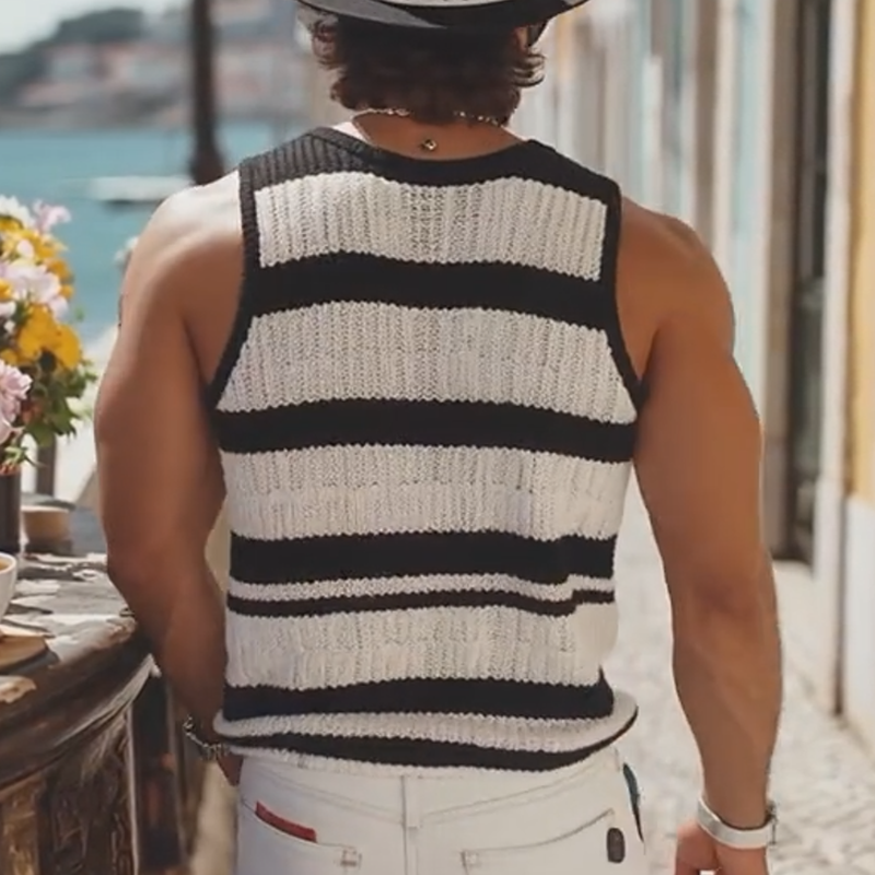 Michael | Men'S Summer Fashion Casual U-Neck Knitted Black And White Horizontal Striped Tank Top