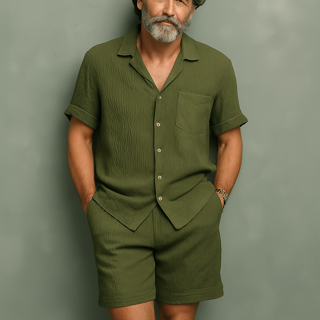 Sylvester | Men'S Summer Fashion Solid Color Wave Texture Polyester Short Sleeve Suit