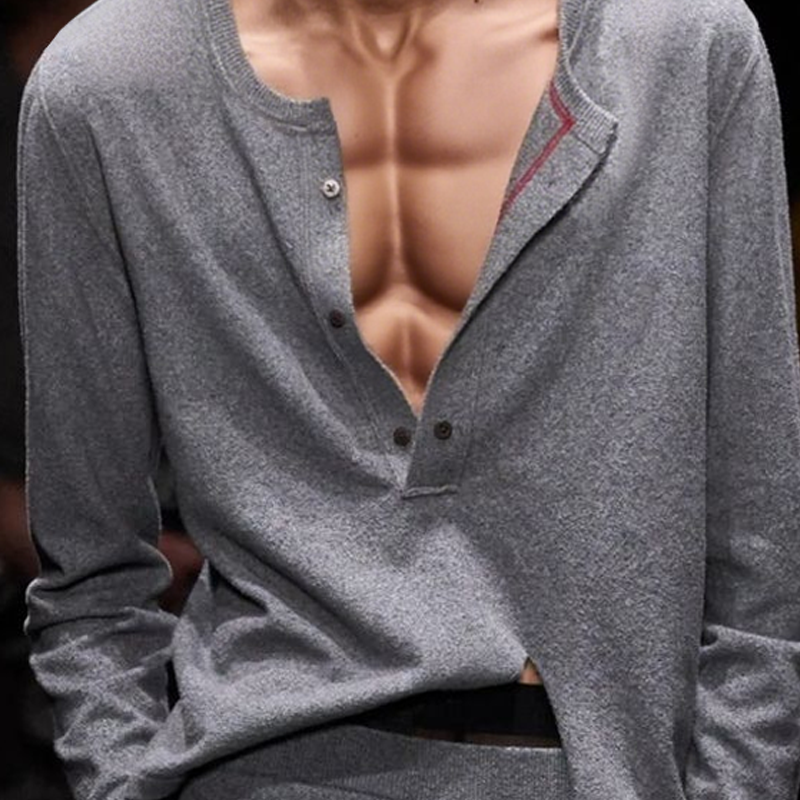 Remy | Men'S Solid Loose Henley Collar Long Sleeve Knit Sweater