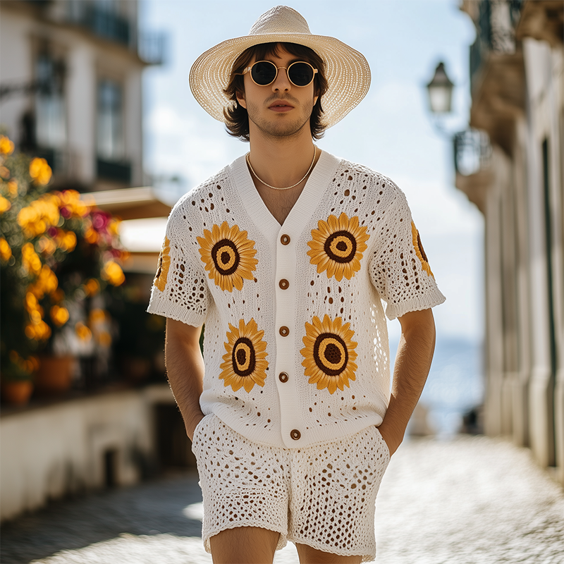 Julius | Men'S Spring And Summer Fashion Leisure Vacation Style Knitted Hollow Flower Short-Sleeved Shirt Elastic Waist Shorts Set