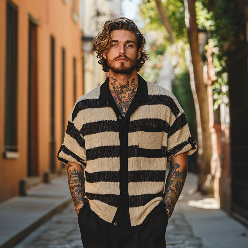 Malcolm | Men'S Striped Knitted Three-Quarter Sleeve Shirt