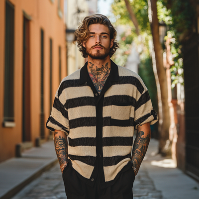 Malcolm | Men'S Striped Knitted Three-Quarter Sleeve Shirt