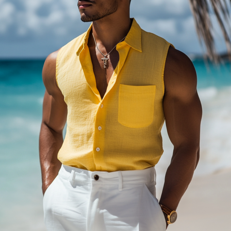 Gordon | Men'S Casual Solid Color Breathable Linen Lapel Patch Pocket Sleeveless Shirt