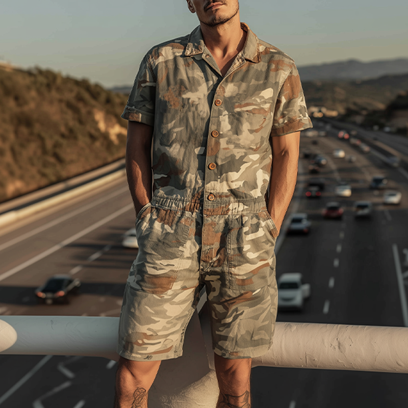 Wendell | Men'S Spring And Summer Fashion Casual Camouflage Cotton Blended Short Sleeve Shirt-Style Jumpsuit